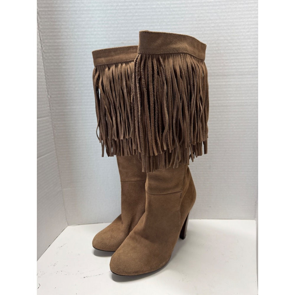 Zara Tan Suede Fringe Tall Boots Pointed Toe Block Heel Brown Womens 36 US 5.5